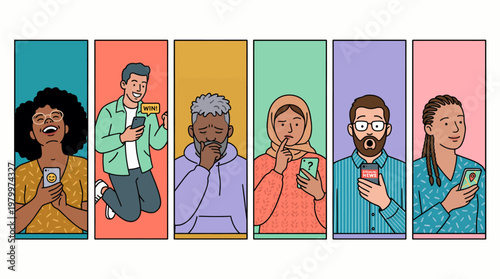 Diverse professional office workers expressing various emotions while using smartphones in colorful vertical panels, concept for digital communication, mobile app design and social media marketing