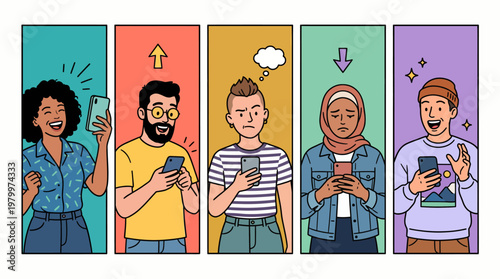 Diverse young professionals using smartphones with different emotional reactions in colorful panels, concept for social media marketing, customer feedback and digital communication strategy
