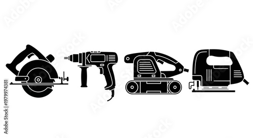 Professional Electric Power Tools and Carpentry Woodworking Equipment Set - High Quality Adobe Illustrator Vector