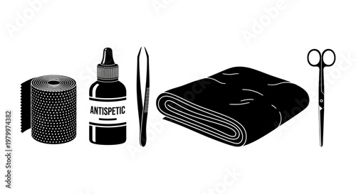 First Aid Medical Emergency Kit and Antiseptic Wound Care Tools Set - High Quality Adobe Illustrator Vector