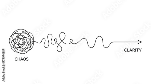 Tangled messy scribbled line transitioning into a straight arrow from chaos to clarity on white background, concept for problem solving, mental health therapy and business simplification
