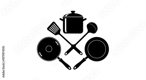 Professional Kitchen Cookware Set with Frying Pans Pot Spatula and Ladle - Adobe Illustrator Vector