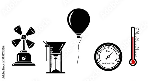 Professional Meteorology Instruments Set with Anemometer Barometer Thermometer and Weather Balloon - Adobe Illustrator Vector