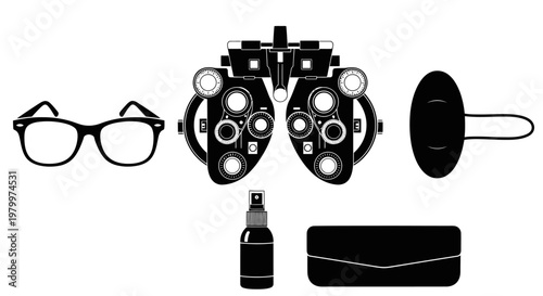 Professional Optometry Equipment Set with Phoropter Eye Glasses Case and Cleaner - Adobe Illustrator Vector