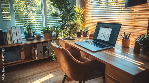 A bright and inviting workspace with a laptop displaying a calendar, surrounded by plants and natural light. A cozy and productive atmosphere.