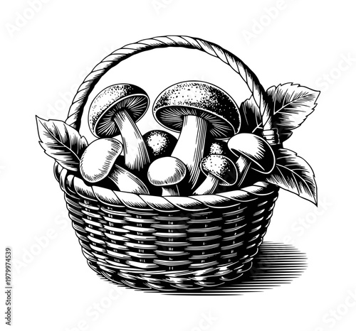 Vintage black and white of a wicker basket overflowing with fresh mushrooms and leaves