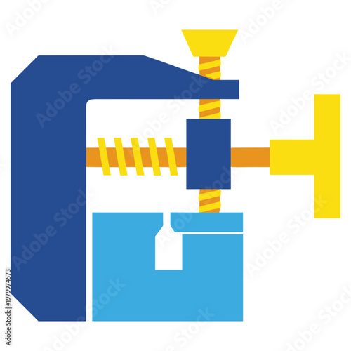 A blue mechanical device with a yellow screw and handle operates on a light blue object.