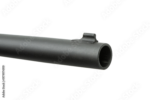 Close-up of a shotgun barrel with front sight isolated on white back