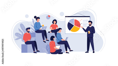 Professional team attending a business presentation with a speaker explaining a colorful pie chart on a board.