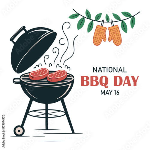 Colorful graphic celebrating National Barbecue Day on May 16th, featuring a grilling image with a playful style. Vector illustration.