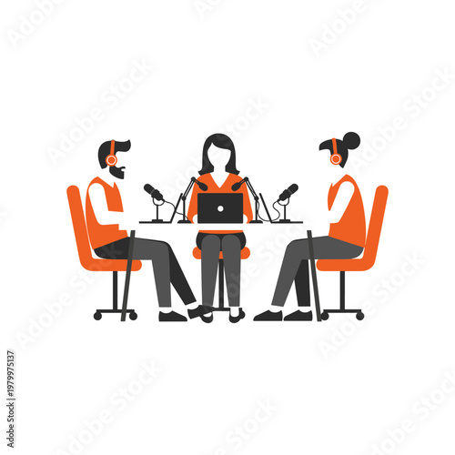Three professionals engaged in a virtual meeting or podcast recording session