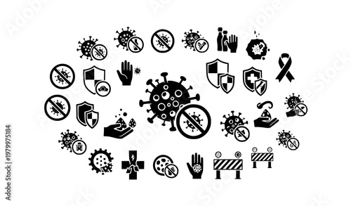 Stop virus and bacteria icon collection in circular layout with protection and hygiene symbols grey vector isolated on white background