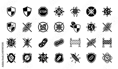 Antiviral protection icon set with stop virus bacteria and germ defence symbols grey flat vector isolated on white background