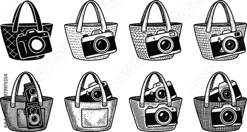 Collection of black and white hand-drawn style of beach bags and cameras for and travel themes tote bag