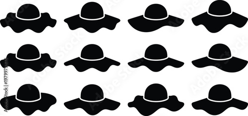 Collection of black silhouette wide brim sun hats with wavy edges on a white background wide brim hat