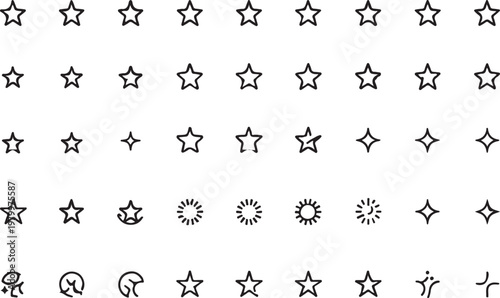 A collection of various celestial and abstract star-like symbols in a grid pattern Vector