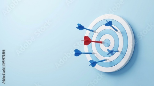 A single red dart hitting the bullseye of a light blue target with several blue darts scattered around on a solid light blue background
