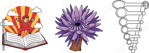 Open book with sunrise illustration purple chrysanthemum flower and mechanical linkage tool diagram vector illustration collection