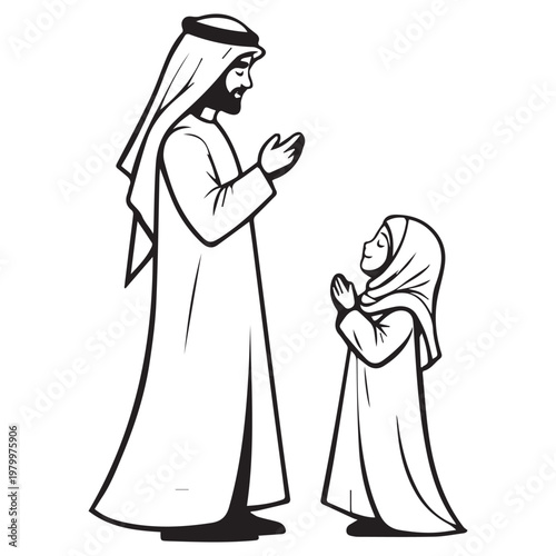 Arab father and young daughter in prayer, Islamic family bonding and faith moment, black and white vector illustration.