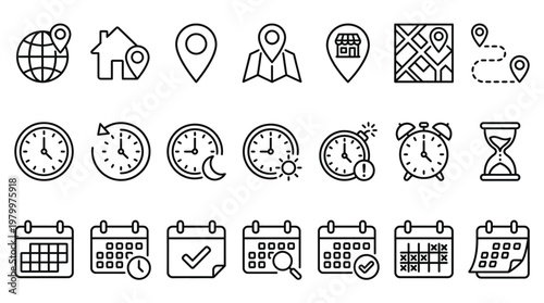 Time and location scheduling icons set. Clocks, maps and calendars. Thin line editable stroke icon illustrations