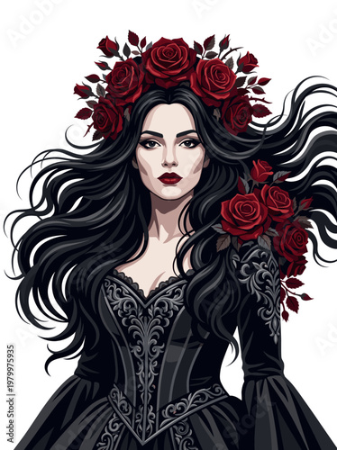 Gothic rose crowned enchantress in flowing black velvet and crimson bloom aura evoking dark romance moonlit elegance and haunted aristocratic beauty in a spellbound feminine vision