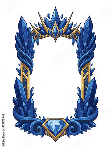 Sapphire crystal throne border rising from faceted gems and golden spires into a regal fantasy portal where cobalt brilliance frozen majesty and jewel like symmetry reign