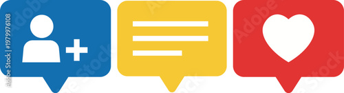 Colorful chat for messaging, friend request, and like on white background message