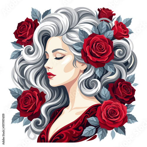 Silver haired rose muse framed by crimson blooms porcelain skin and flowing vintage glamour expressing romantic stillness timeless beauty and gothic elegance in a dreamy feminine portrait