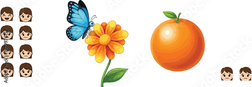 Children facial expression icons butterfly on flower and fresh orange fruit cartoon vector illustration collection for nature and kids design