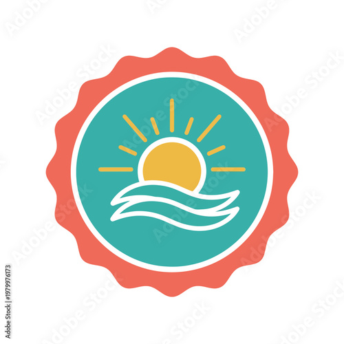 Summer Sun and Waves Badge Vector Icon – Retro Beach Logo Design Illustration