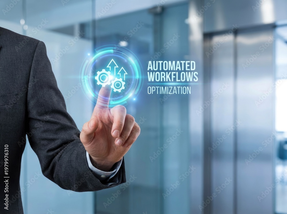Obraz premium Businessman touching a glowing digital interface with gear and arrow displaying the text automated workflows optimization in a glass office