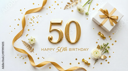 Elegant flat lay with gold 50, ribbon, gift, and floral birthday decor