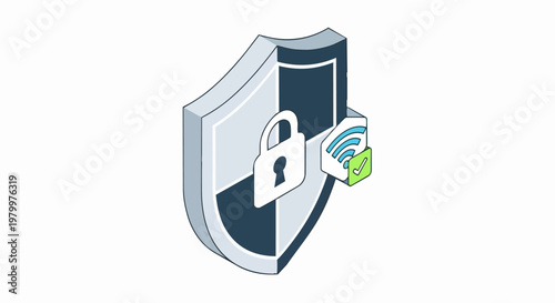 Isometric Cybersecurity Shield with Padlock and Secure Wi-Fi Signal Icon - Data Protection and Network Privacy Concept