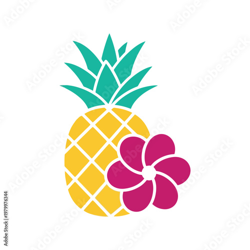 Tropical pineapple and hibiscus flower vector illustration in flat summer style