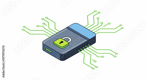 Secure Encrypted USB Flash Drive Isometric Illustration with Padlock and Circuit Lines - Data Protection and Cybersecurity Concept