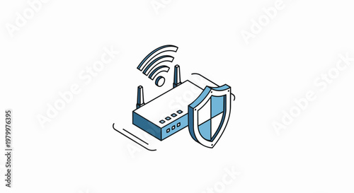 Secure Isometric Wi-Fi Router with Protective Shield Icon for Cyber Security and Data Privacy Concept