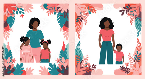 Black mother and children vector illustration set, African American family portraits with tropical leaves, faceless mother with son and daughters