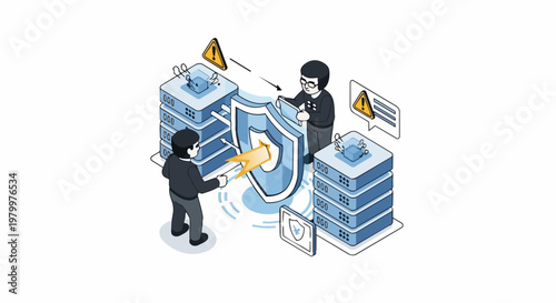 Isometric Cyber Security and Data Protection Illustration with Server Firewall Defense and Network Monitoring Concept