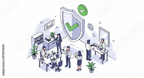 Isometric Business Cybersecurity and Data Protection Concept. Illustration of Office Employees Working Safely Behind a Large Security Shield with Checkmark Icons.