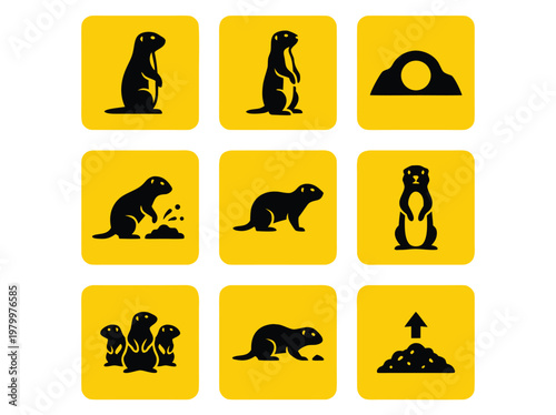 Set of Nine Gopher Icons Illustrating Various Behaviors and Habitats.