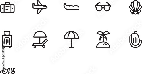 Collection of icons representing various travel and vacation essentials and activities Vector