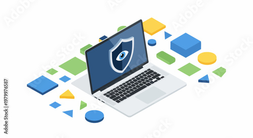 Isometric Cybersecurity Concept Illustration: 3D Laptop with Security Shield and Eye Icon for Data Privacy and Digital Protection