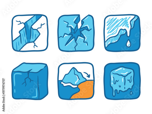 Set of hand drawn blue ice and glacier icons.