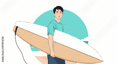 Young man holds surfboard vector illustration isolated on white background