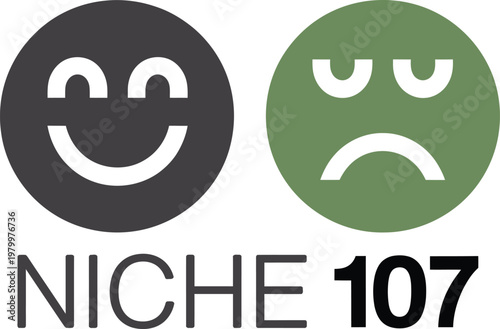 Happy and sad circular emoticons displayed alongside the bold text of Niche 107 for visual communication