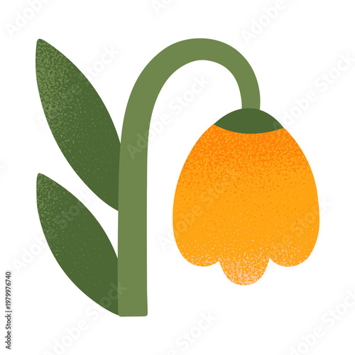 Bold yellow tulip flower with green leaves.Decorative floral element with soft grain texture.Modern blooming plant for cards,prints,branding,packaging.