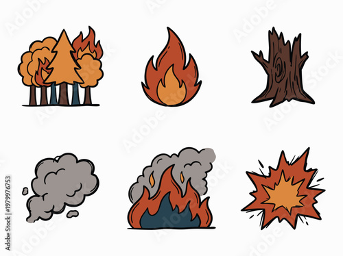 Set of hand drawn doodle fire and disaster icons.