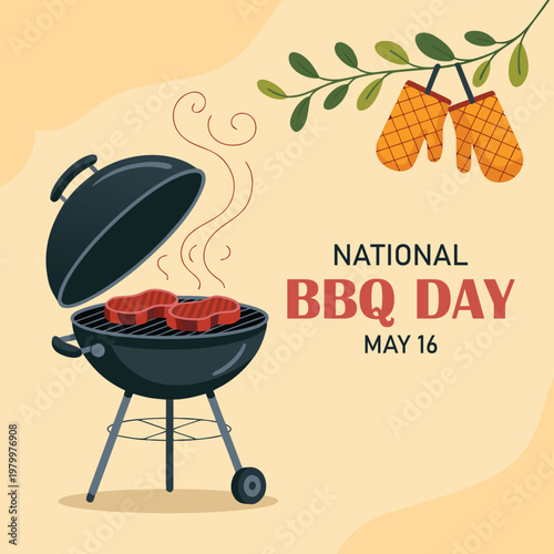 Colorful graphic celebrating National Barbecue Day on May 16th, featuring a grilling image with a playful style. Vector illustration.