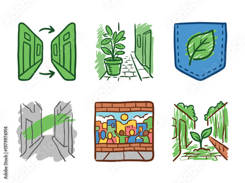 Set of hand drawn icons representing urban nature and green city living.