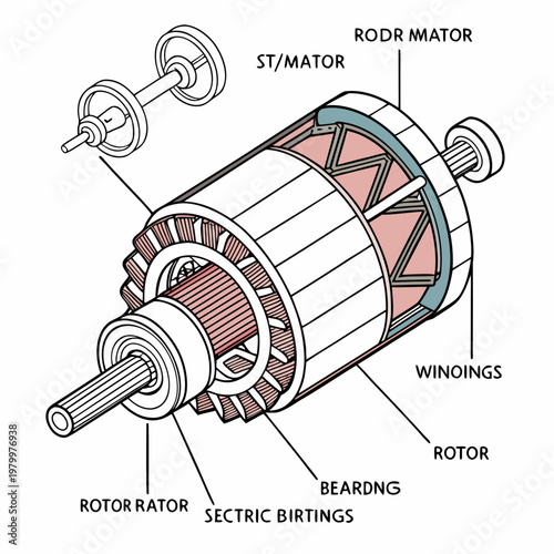 Exploded view diagram of electric motor components with labels cross section motor parts windings bearings components illustration technical mechanical engineering schematic assembly